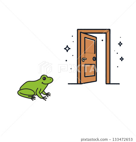 A curious green frog contemplates a slightly open door amidst a sprinkle of magical stars and light 133472653
