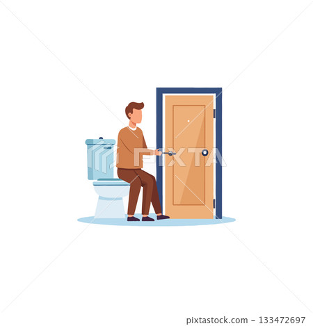 Humorous illustration of a man sitting on a toilet with a door in an unusual position representing Humorous illustration of a man sitting on a toilet with a door in an unusual position representing 133472697