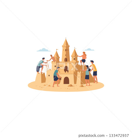 Joyful teamwork on beach creating a magnificent sandcastle symbolizing family vacation and summer 133472937