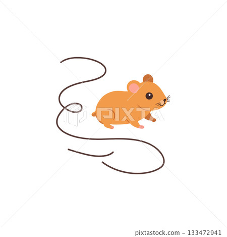 Cute hamster following winding trail illustration showcases domestic pet animal behavior in flat 133472941