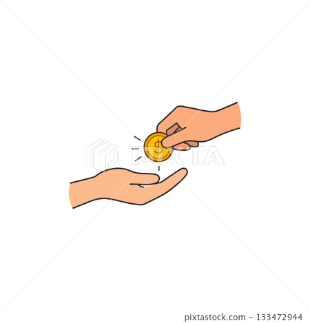 Donation concept showing hand giving a coin into another hand as a symbol of generosity charity 133472944