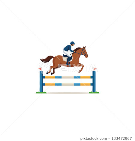 Equestrian event featuring a horse and rider jumping over obstacle showcasing sport enthusiasm and Equestrian event featuring a horse and rider jumping over obstacle showcasing sport enthusiasm and 133472967
