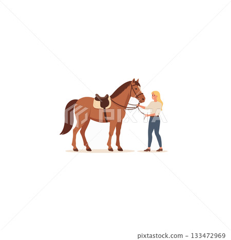 Woman guiding her chestnut horse gently with halter and lead rope in peaceful countryside setting Woman guiding her chestnut horse gently with halter and lead rope in peaceful countryside setting 133472969