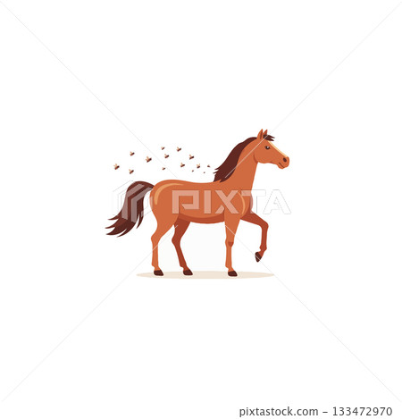 Stylized equine with insects illustration creates a countryside, agricultural scene evokes 133472970