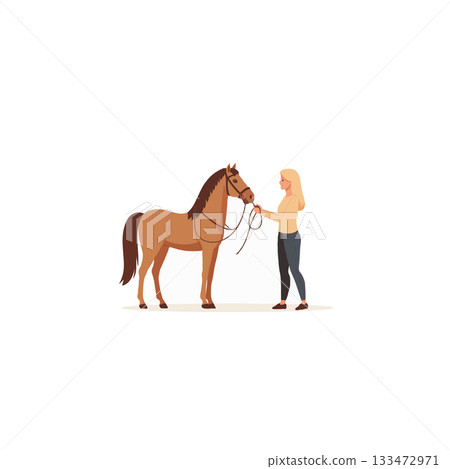 Tranquil connection featuring a woman gently leading a chestnut horse on a pristine white Tranquil connection featuring a woman gently leading a chestnut horse on a pristine white 133472971