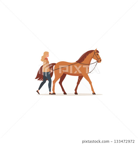 A woman peacefully leads a chestnut horse illustration in gentle companionship offering a sense of A woman peacefully leads a chestnut horse illustration in gentle companionship offering a sense of 133472972