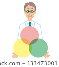 A middle-aged man wearing a white coat holding three circles in both hands 133473001