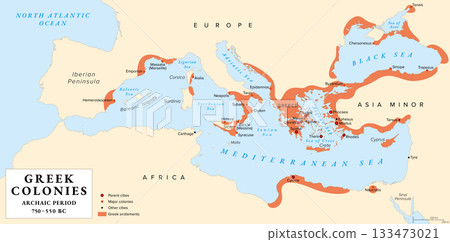 Ancient Greek colonies and parent cities, history map. Greek colonization during the Archaic period, 750 to 550 BC, across the Mediterranean Sea and the Black Sea. Areas and settlements. Illustration 133473021