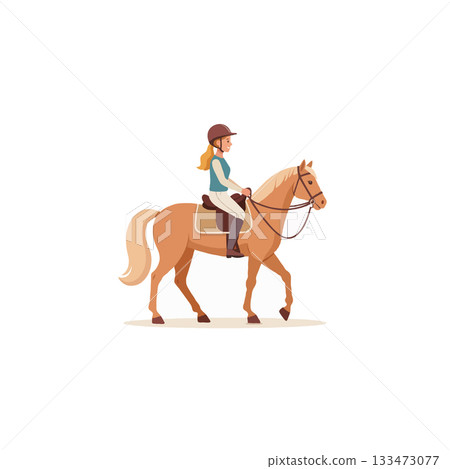 Equestrian poised gracefully rides her majestic palomino horse, embodying skill and partnership 133473077