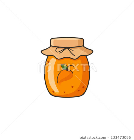 Bright homemade apricot jam in a glass jar with cute sketch style and ribbon details offering 133473096
