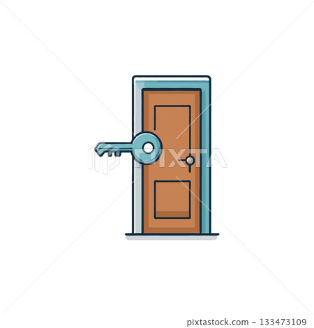 Illustration depicting access unlocked, a door with an inserting key symbolizes new possibilities Illustration depicting access unlocked, a door with an inserting key symbolizes new possibilities 133473109