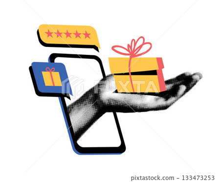 Hand holding gift box emerging from smartphone on white background. Collage illustration. Online shopping and delivery concept. Trendy halftone vector illustration. 133473253