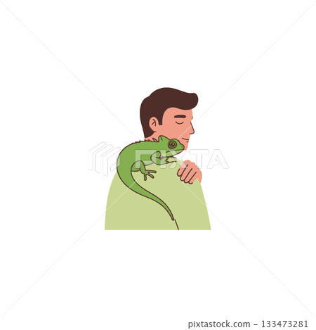 Chameleon companionship: Illustrative depiction of human affection displayed to an exotic pet 133473281