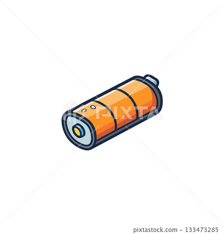 Cartoon illustration of an orange cylindrical battery with indicators showcasing a creative energy Cartoon illustration of an orange cylindrical battery with indicators showcasing a creative energy 133473285