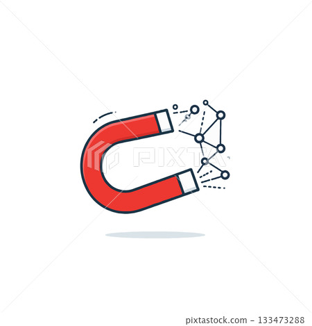 Visualizing attraction: Red horseshoe magnet pulling connected dots, representing data collection 133473288