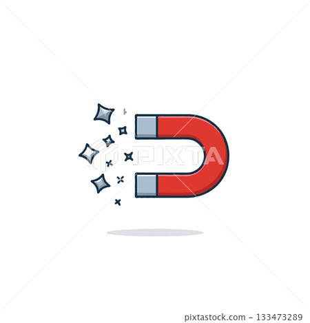 Cartoon magnet attracting sparkling particles illustrating power of attraction and influence 133473289