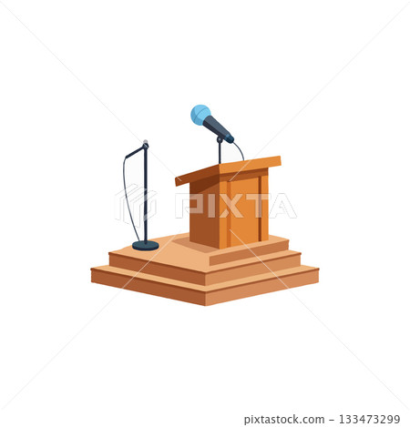 Elevated stage presentation setup with microphone showcases podium for public engagements and 133473299
