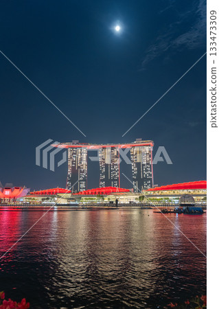Marina Bay Sands, Singapore lit up in the red colours of the national flag on National Day Marina Bay Sands, Singapore lit up in the red colours of the national flag on National Day 133473309