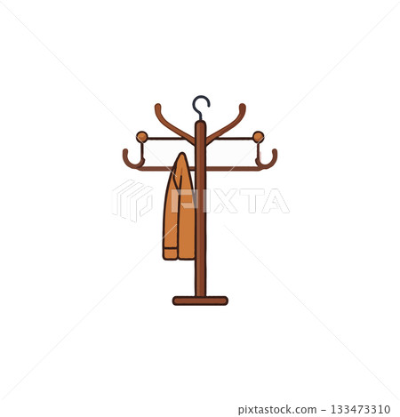 Illustration showcasing a wooden coat rack with curved arms displaying a single garment awaiting 133473310