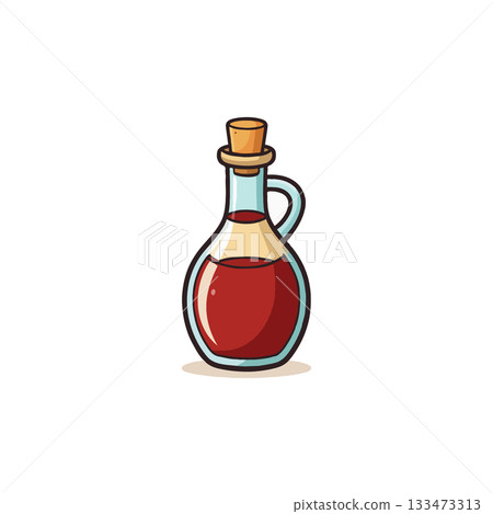 Illustration of vintage bottle containing liquid, cork stopper, perfect for culinary or beverage 133473313