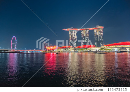 Marina Bay Sands, Singapore lit up in the red colours of the national flag on National Day Marina Bay Sands, Singapore lit up in the red colours of the national flag on National Day 133473315