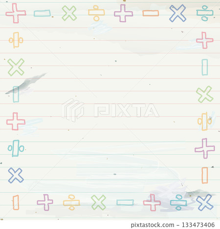 Blank square frame consists of pastel add, subtract, multiply and divide symbol shapes childish style on used old notebook paper graphic illustration. 133473406
