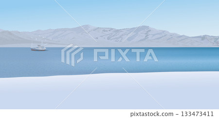 Fishing boat in the sea in winter season have mountain ranges and blue sky background graphic illustration. Fishing boat in the sea in winter season have mountain ranges and blue sky background graphic illustration. 133473411