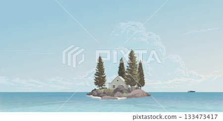 Log cabin and pine trees on small rocky island loacted in tropical blue sea have blue sky background graphic illustration. Log cabin and pine trees on small rocky island loacted in tropical blue sea have blue sky background graphic illustration. 133473417