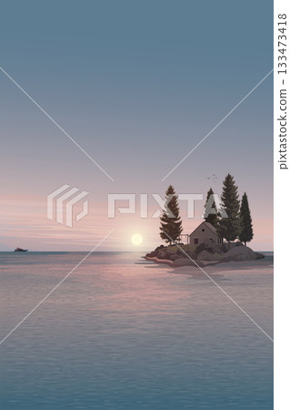 Silhouette log cabin and pine trees on small rocky island loacted in tropical blue sea have dramatic sky vertical background graphic illustration. Silhouette log cabin and pine trees on small rocky island loacted in tropical blue sea have dramatic sky vertical background graphic illustration. 133473418