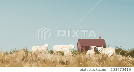 Sheep pack in rural farm landscape in autumn season have barn far away graphic illustration. 133473419
