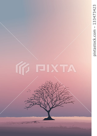 Minimalist countryside landscape with silhouette leftless tree have dramatic sky vertical background graphic illustration. Minimalist countryside landscape with silhouette leftless tree have dramatic sky vertical background graphic illustration. 133473423