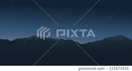 Night at countryside landscape in winter season with silhouette mountain ranges have a lot of star on the sky background graphic illustration. Night at countryside landscape in winter season with silhouette mountain ranges have a lot of star on the sky background graphic illustration. 133473426