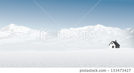 Winter landscape with mountain ranges and lonely country house covered by white snow have blue sky background graphic illustration. 133473427