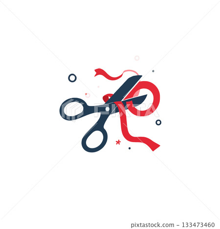 Graphic depiction of opening event ceremony featuring scissors cutting red ribbon as new beginnings 133473460