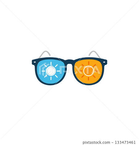 Conceptual artwork showcasing contrasting perspectives embodied in dual colored eyewear graphic Conceptual artwork showcasing contrasting perspectives embodied in dual colored eyewear graphic 133473461