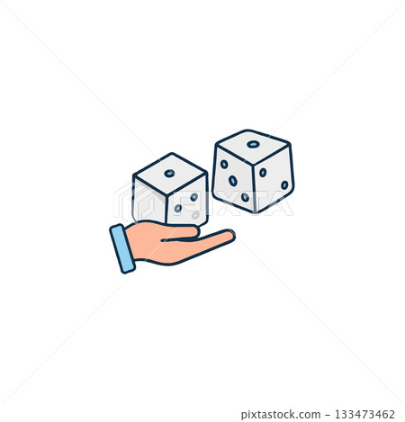 Cartoon depiction of two dice playfully floating above a beckoning hand illustration with minimal 133473462