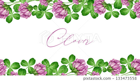 Red clover plant seamless border on white background. Hand drawn Trifolium pratense herb watercolor illustration. Blooming clover with green leaves and flowers seamless border decoration element 133473558
