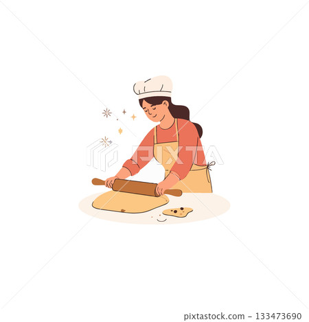 Female pastry chef carefully kneading dough with a rolling pin preparing sweet baked goods fresh 133473690