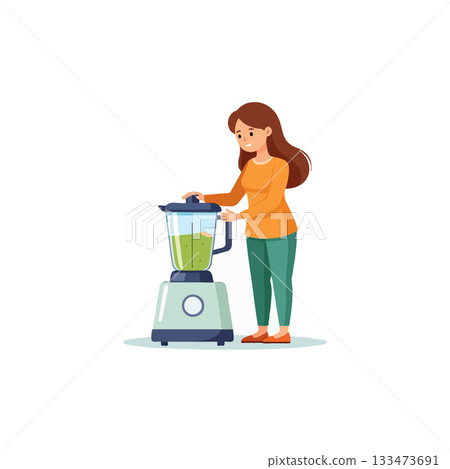 A woman preparing a healthy green smoothie in a blender at home for wellness and balanced nutrition 133473691