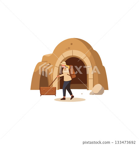 A flat vector illustration of a young woman exploring a cave while pulling an antique wooden chest 133473692
