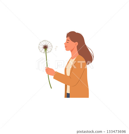 Serene illustration of a woman gently blowing dandelion seeds into the spring breeze capturing 133473696