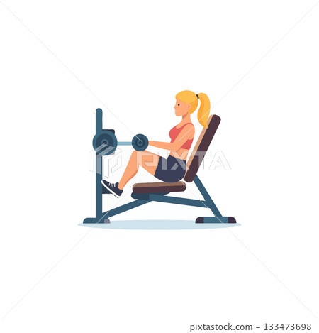 Gym workout routine: a blonde woman exercising with weights, training on fitness machine equipment Gym workout routine: a blonde woman exercising with weights, training on fitness machine equipment 133473698