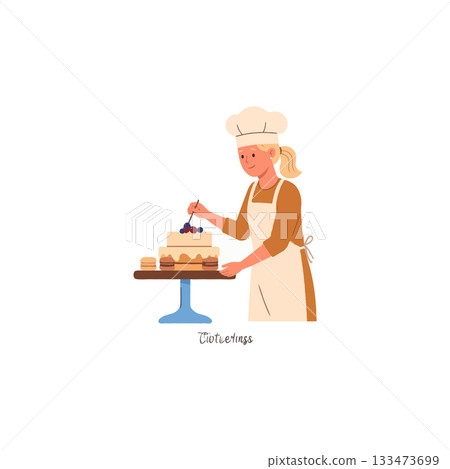 Young pastry chef adorns a cake with berries in a professional setting, symbolizing creativity and Young pastry chef adorns a cake with berries in a professional setting, symbolizing creativity and 133473699