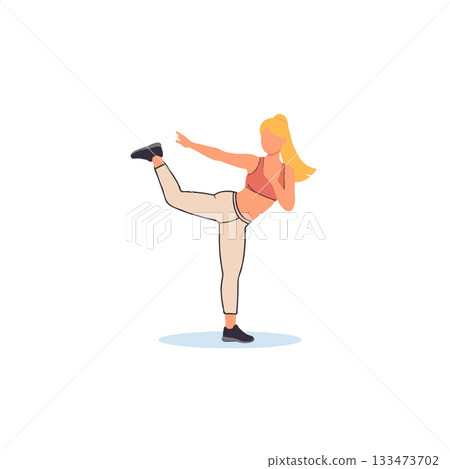 Dynamic fitness pose showcasing female strength balance and coordination in minimalist Dynamic fitness pose showcasing female strength balance and coordination in minimalist 133473702