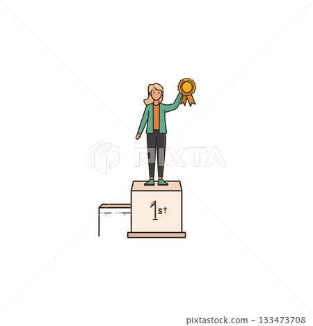 Successful woman holding an award on a podium celebrating her victory and achievement in business 133473708
