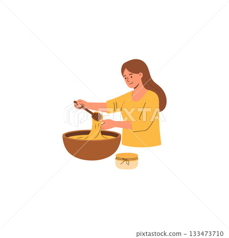 A woman preparing a sweet dessert or mixing ingredients within a bowl with a wooden spoon in kitchen A woman preparing a sweet dessert or mixing ingredients within a bowl with a wooden spoon in kitchen 133473710