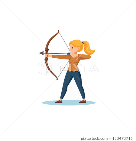 Cartoon illustration depicts an archer girl with bow and arrow practice aim precision skill hobby 133473715