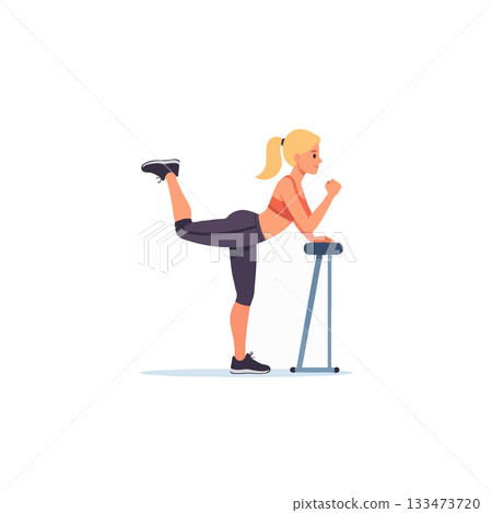 Young woman enhancing leg strength performing supported glute kickback exercise for fitness and 133473720