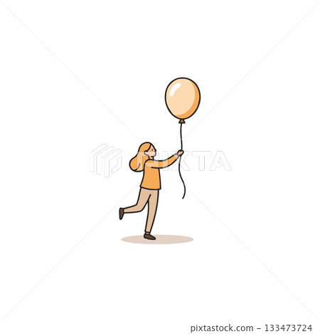 A minimalist illustration capturing a moment of joy with a woman holding balloon against a stark A minimalist illustration capturing a moment of joy with a woman holding balloon against a stark 133473724