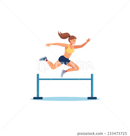 Dynamic female athlete skillfully clearing the hurdle obstacle with energy and focus exhibiting Dynamic female athlete skillfully clearing the hurdle obstacle with energy and focus exhibiting 133473725